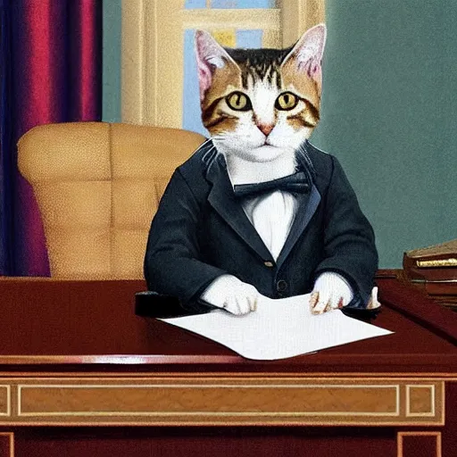 Prompt: Tabby Cat the president behind his office desk