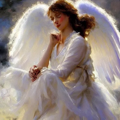 Image similar to a beautiful portrait of an angel with pretty face and her huge white wings spread out painted by gerhartz, highly detailed, beautiful illumination, graceful and elegant,.