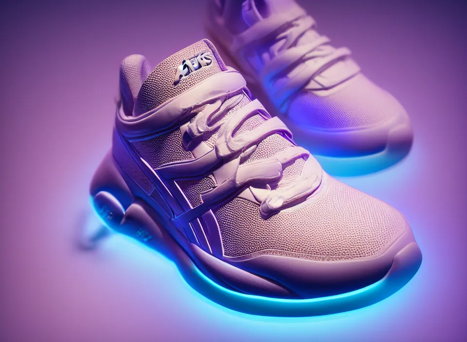 Prompt: realistic 3 d render of a futuristic sneaker, beautiful studio lighting, soft, sharp focus, neon glowing lines, intricate detail, purple and blue leather, soft white rubber, shiny plastic, hexagon mesh, gold filigree, octane render, side view, close up, trending on artstation, deviantart, nike, asics, adidas