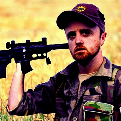 Image similar to jesse pinkman from breaking bad holding an m 1 6 rifle in the vietnam war, 4 k, hyper realistic