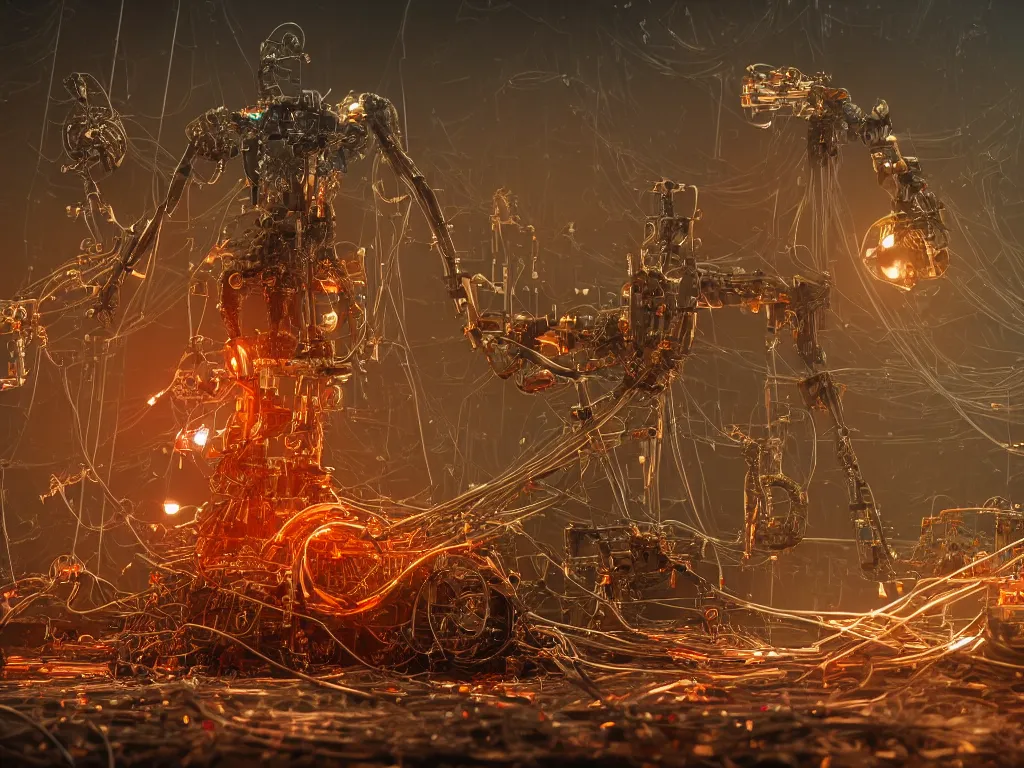 Image similar to a baroque machine, robot god constructed out of modular synthesizer components sits upon a throne cables, wires and discarded components in vast hall, macro photography, long exposure photograph, surrealism, anamorphic bokeh, warm, soft light, orange and teal, caustic, atmospheric fog, octane render, cinematic