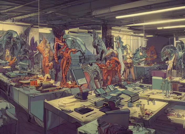 Image similar to large fancy showroom for designers, workshop. sharp focus, cinematic pose, cinematic lighting, unreal engine render. art by josan gonzales and moebius and deathburger.