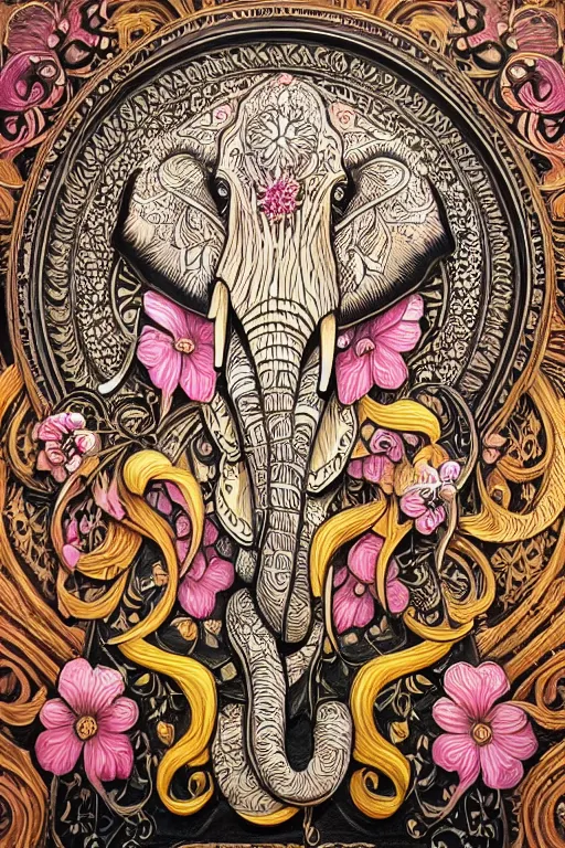 Image similar to Painted dark-wood panel relief carving of a close up of a Flowerpunk Matriarch Elephant, ornate border frame, explosion of colorful flowers, dark wood, intricately carved, black ink, festival of rich colors, intricate details, cinematic lighting, volumetric lighting, post-processing, art nouveau, tarot, fractal art, mandala, by andreas rocha and john howe, and Martin Johnson Heade, featured on artstation, featured on behance, golden ratio, hyper detailed, photorealistic, epic composition, center spotlight, f32, well composed, symmetrical, UE5, 8k