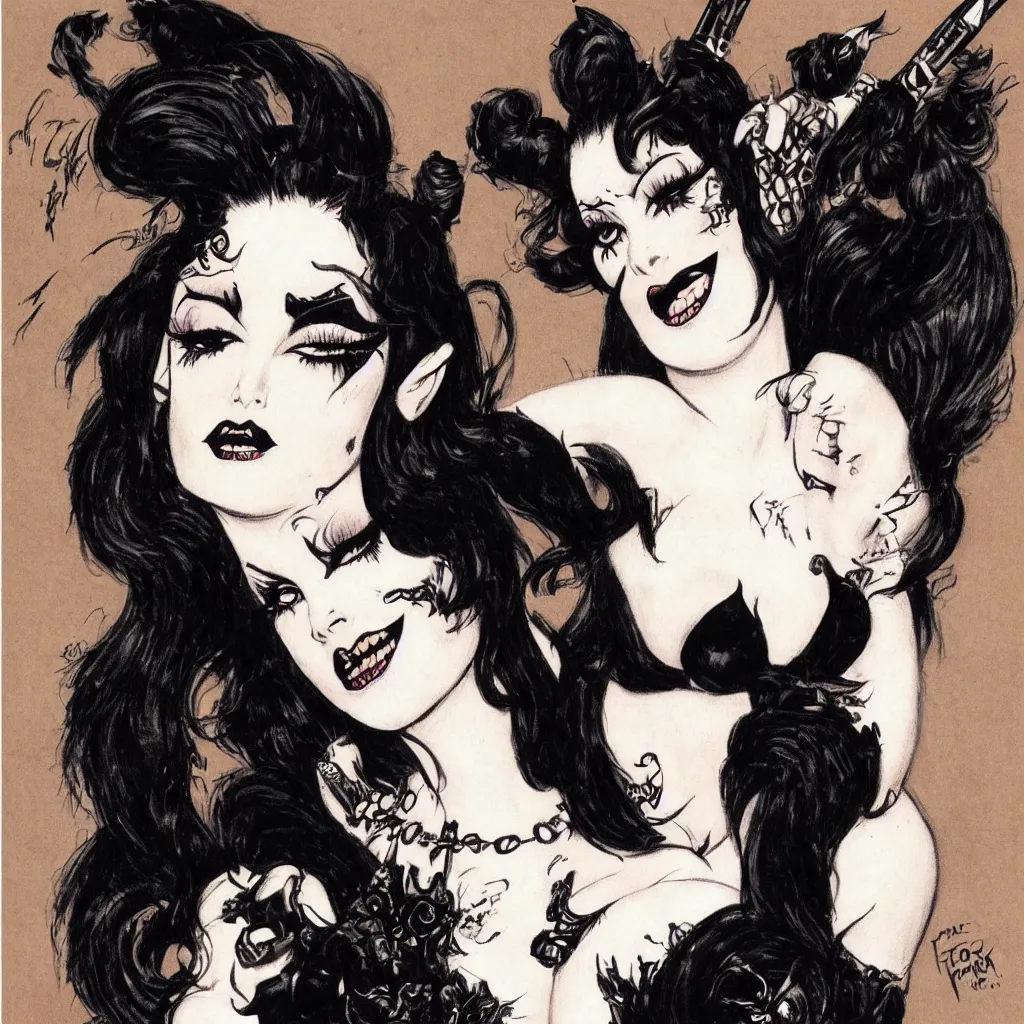 Prompt: of a goth girl burlesque psychobilly, rockabilly, punk, black hair, detailed face, white background, drawing, illustration by frank frazetta