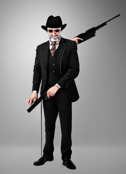 Image similar to a man in a pinstripe suit holding a gun