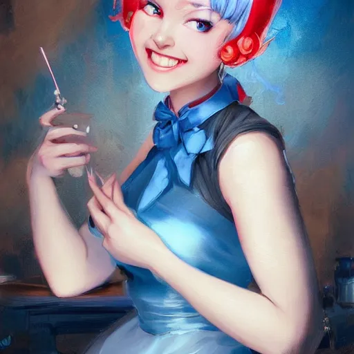 Image similar to a smiling happy beautiful barmaid with short blue hair wearing a satin red dress in a rustic saloon, beautiful blue eyes, fantasy, intricate and very beautiful and elegant, highly detailed, digital painting, artstation, concept art, smooth and sharp focus, illustration, art by peter mohrbacher and tan zi and artgerm