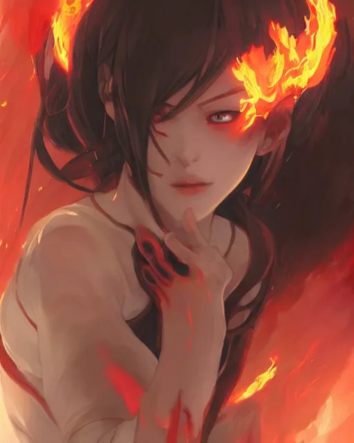 Image similar to red eyed anime girl, flames everywhere, highly detailed, digital painting, artstation, concept art, smooth, sharp focus, illustration, art by artgerm and greg rutkowski and alphonse mucha