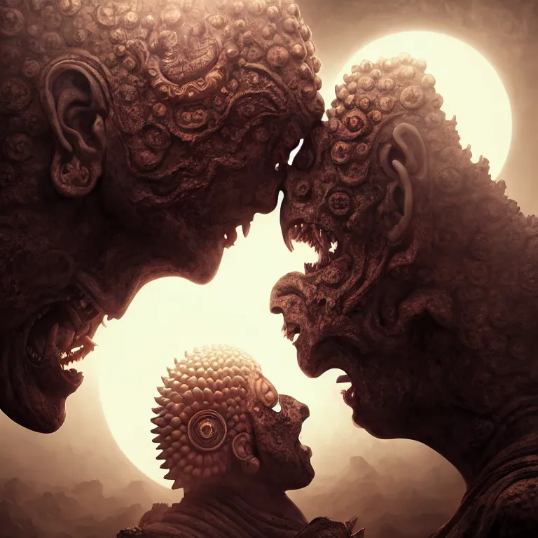 Image similar to portrait of two buddhist demons kissing each other in wastelands on white exoplanet at night, baroque portrait painting, beautiful intricate insanely detailed octane render, artstation, 8 k artistic harsh flash photography, photorealistic, volumetric perfect light, chiaroscuro, raphael, caravaggio, beksinski, rutkowski, giger