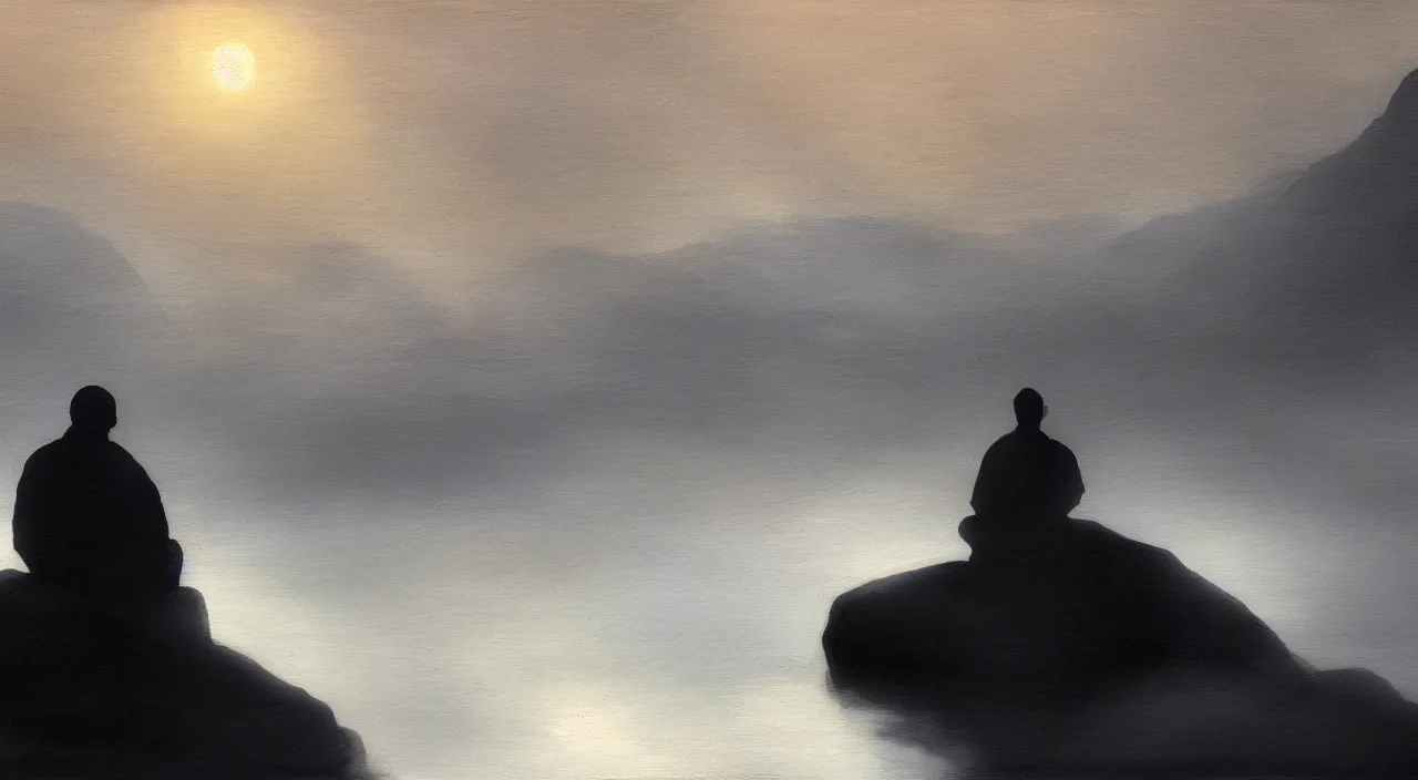 Prompt: a lonely silhouette of a meditating monk sitting in the fog on a stone protruding from the water in the rays of the morning sun, the focus of the camera on the monk, painted with large strokes of oil paints.