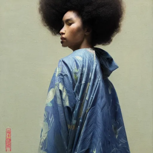 Prompt: girl with afro, in kimono, closeup portrait backview, low angle, jeremy lipking, tim rees, joseph todorovitch