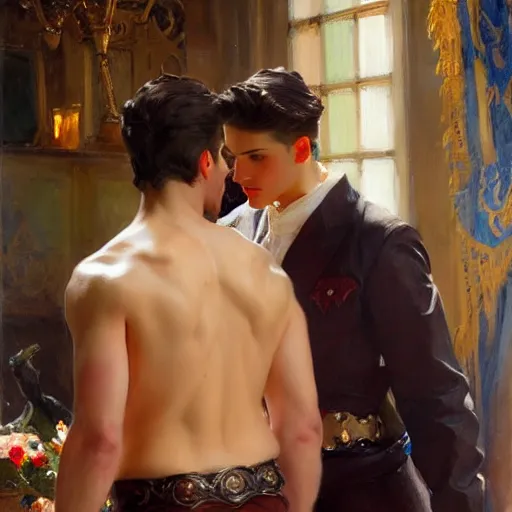 Image similar to attractive fully clothed king confesses his love for his attractive fully clothed male prince. highly detailed painting by daniel f. gerhartz, j. c. leyendecker 8 k