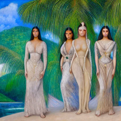 Image similar to a ultradetailed beautiful painting of the kardashians standing in front of the diamonds waterfall in the amazonas palace balustrade designed by jules bastien - lepage, tarsila do amaral, frank weston and gustave baumann, beach, trending on artstation, mediterranean, palm trees, sharp focus, soft light, 8 k 4 k