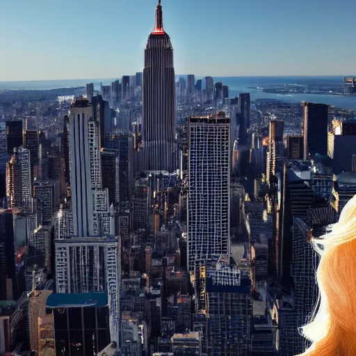 Prompt: a giant blonde woman climbing the empire state building, highly detailed, great lighting, 4 k