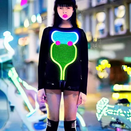 Prompt: very symmetrical fruits magazine steetwear photo of cute cool fashion worn by teens teens in the far future with glowing led lights, futuristic!!! haute couture fashion!!!!, nanotechnology cybernetics!!! solar power prosthetic, illustration style of ai yazawa