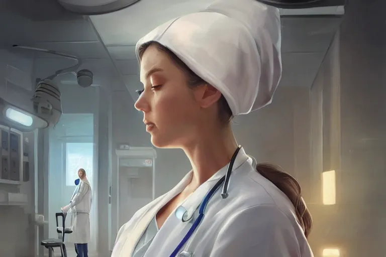 Image similar to a poster of emergency room, an elegant and beautiful female doctor in a white coat in a hospital ward, cinematic, highly detailed, digital painting, artstation, concept art, matte, sharp focus, illustration, art by artgerm and greg rutkowski