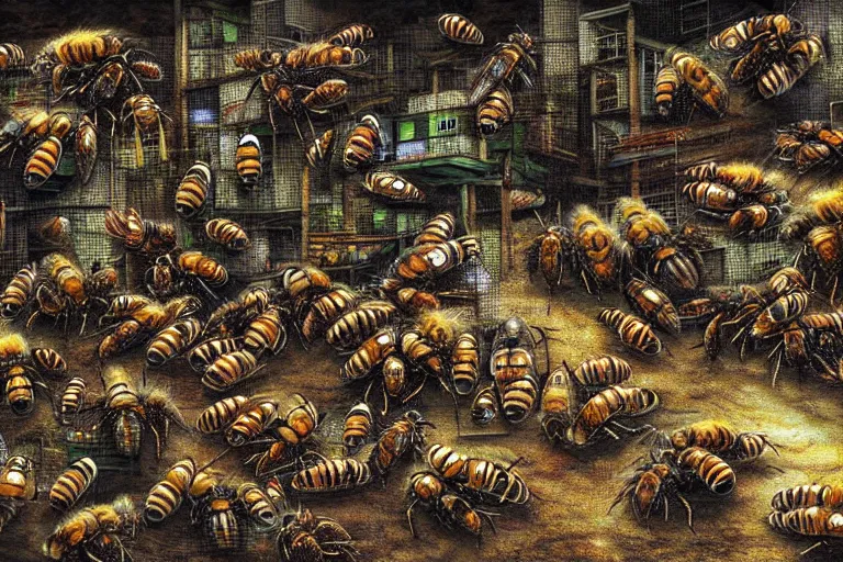 Prompt: favela lobster honeybee hive, wooded environment, industrial factory, horror, award winning art, epic dreamlike fantasy landscape, ultra realistic,