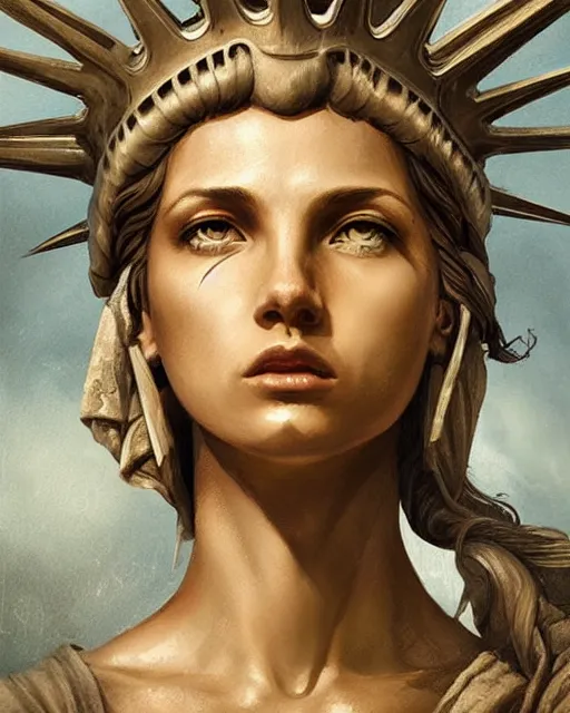 Image similar to portrait beautiful real woman as the statue of libertyhyper realistic face, beautiful eyes, fantasy art, in the style of greg rutkowski, intricate, hyper detailed, smooth