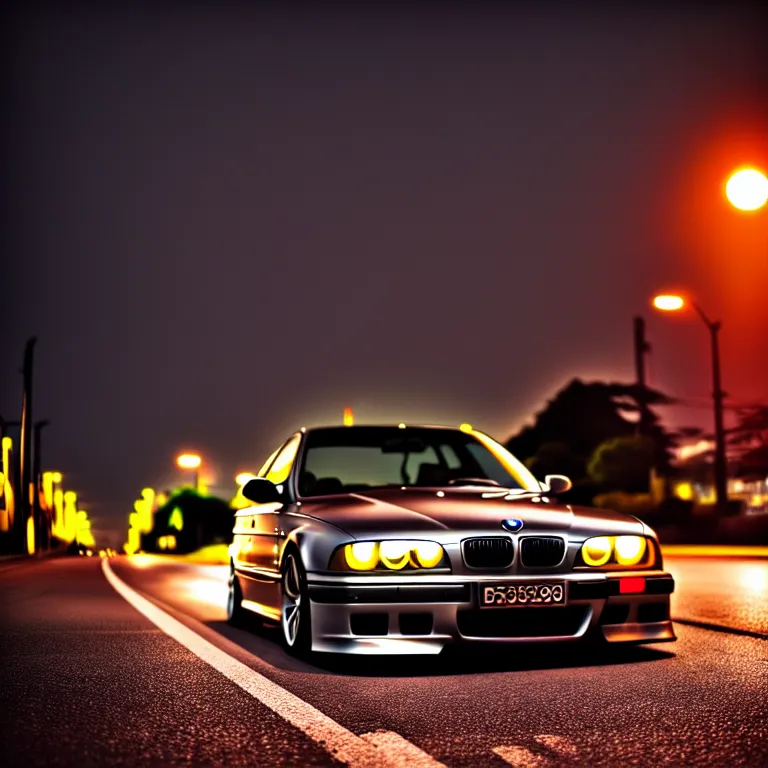 Image similar to close-up-photo BMW E36 middle of street, sunset kanagawa prefecture, night, cinematic color, photorealistic, highly detailed,