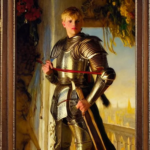 Image similar to attractive fully clothed arthur pendragon confesses his love for his attractive fully clothed male knight. highly detailed painting by gaston bussiere and j. c. leyendecker 8 k