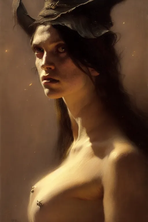 Image similar to a half body portrait of witch, high detail, cleary see face, by gaston bussiere, bayard wu, greg rutkowski, odd nerdrum, maxim verehin, dan dos santos, masterpiece, sharp focus, cinematic lightning