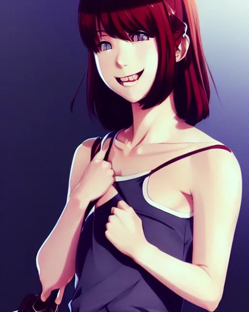 Image similar to cute girl wearing tank suit, seductive pose and smile. | very very anime!!!, fine - face, audrey plaza, realistic shaded perfect face, fine details. anime. realistic shaded lighting poster by ilya kuvshinov katsuhiro otomo ghost, magali villeneuve, artgerm, jeremy lipkin and michael garmash and rob rey