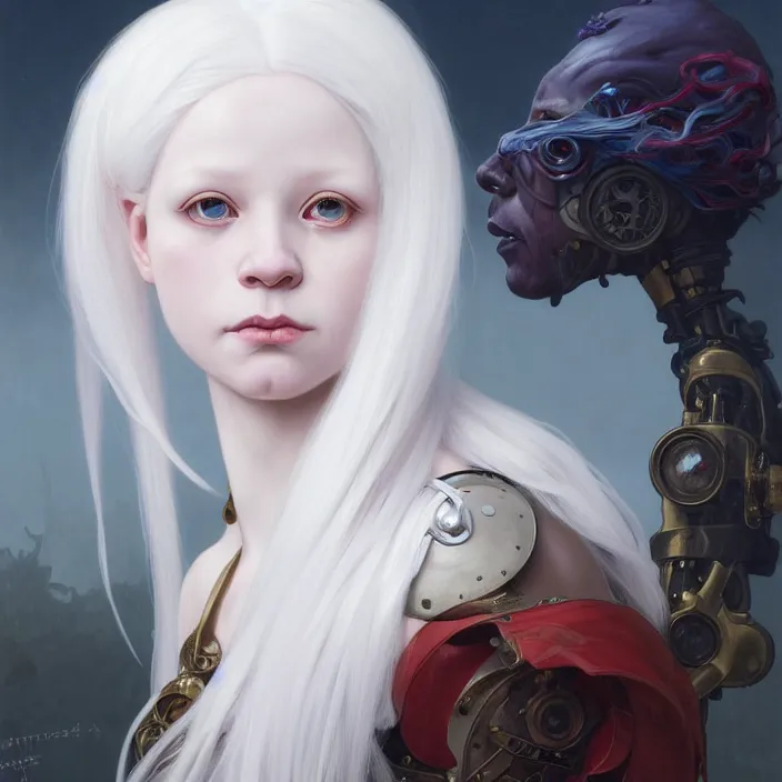 Prompt: excellent painted portrait of a albino girl with white hair, steampunk art, character artwork, 8k resolution artwork, trending on artstation, detailed oil painting portrait, art by artgerm and greg rutkowski and alphonse mucha and craig mullins and James Jean and Andrei Riabovitchev and Marc Simonetti and peter mohrbacher, matte painting