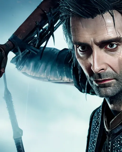 Image similar to David Tennant in the role of Witcher III Gerald of Rivia, amazing short, 8K, IMAX, ultra detailed