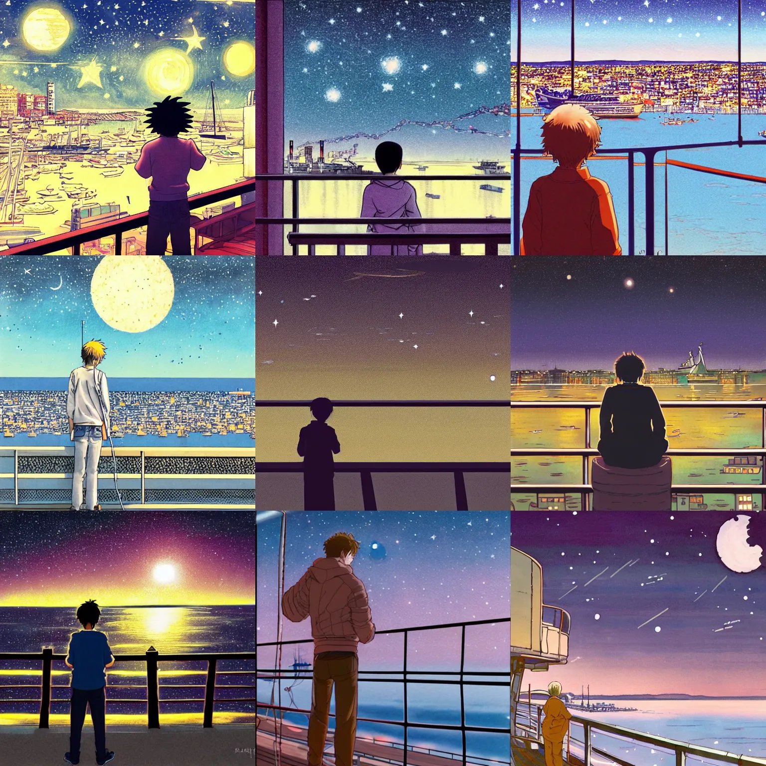 Prompt: Person leaning on a ship railing looking out at a seaside town with a clear starry sky above, anime, by Katsuhiro Otomo, highly detailed, city, nightime, stars above a town