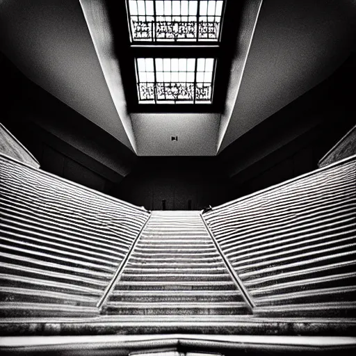 Image similar to black and white surreal photograph, highly detailed vast space made of stairsteps, sideview, detailed textures, natural light, mist, architecture photography, film grain, soft vignette, sigma 1 4 mm f / 1. 4 1 / 1 0 sec shutter, imax 7 0 mm footage