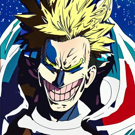 Prompt: male portrait in anime style, all might, my hero academia, dream, surreal, traveling through the cosmos, with a corgy dog on his back, strong chin, detailed line, vivid colors