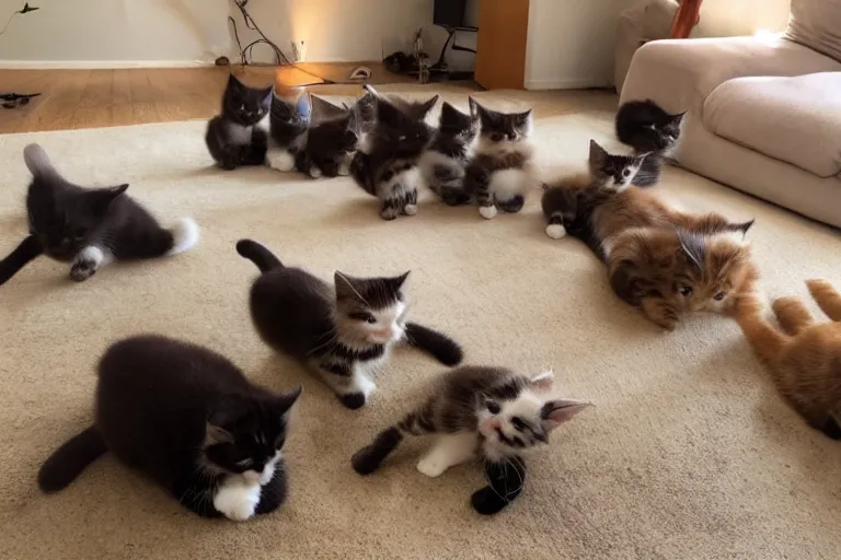 Image similar to a living room full of cute kittens that are all sitting positioned directly at the camera and all of the kittens are looking directly into the camera