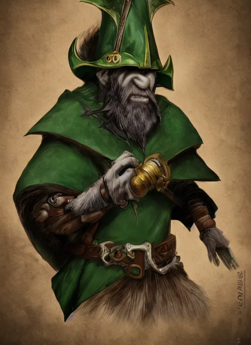 Prompt: ratfolk with a gray beard, tricorne hat, green cape, digital art, fantasy, d & d, warhammer, realistic, detailed