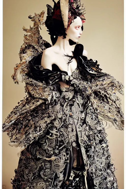 Prompt: beautiful avant garde fashion look and clothes, highly detailed and intricate, ornate, luxury, elite, cinematic, designer fashion, Yohji Yamamoto, shot by Tim Walker in a studio with detailed rococo style set design, full body portrait