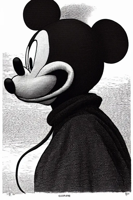 Image similar to sideview waist up portrait of mickey mouse wearing black cape hoodie by laurie greasley and rene magritte, etching by gustave dore, intricate, sharp focus, illustration, highly detailed, digital painting, concept art, masterpiece
