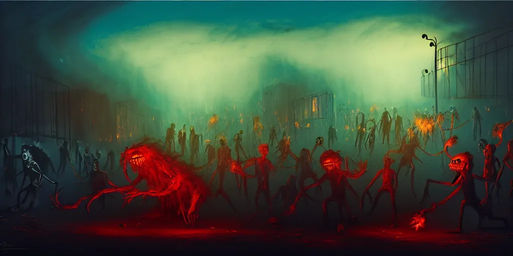 Prompt: repressed emotion creatures and monsters riot in a fiery wasteland, dramatic lighting, attempting to escape to the surface and start a revolution, in a dark surreal painting by ronny khalil