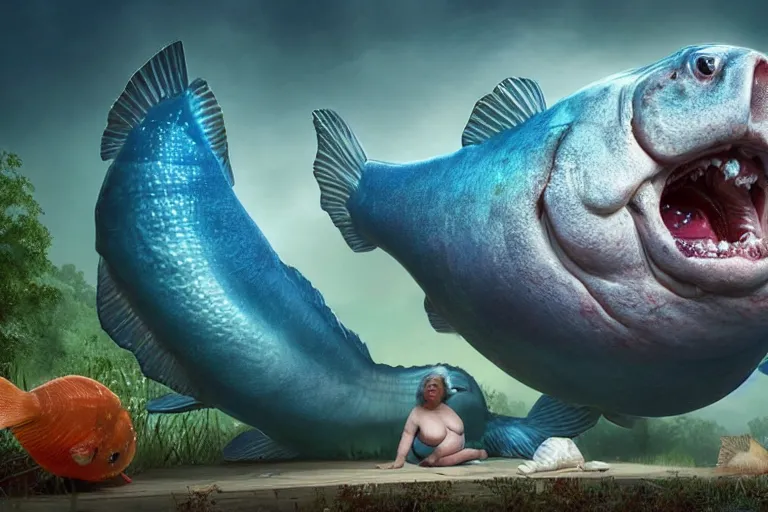 Image similar to of a very beautiful scene. ambient occlusion render. a sweet fat old woman is giving a birth to a huge colorful fish. hyper realistic. 4 k. wide angle. wild happiness. symmetrical face, red mouth, blue eyes. deep focus, lovely scene. ambient occlusion render. concept art. unreal engine.