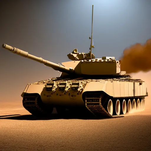 Prompt: highly detailed and textured, m 1 abrams main battle tank firing it's gun in the style of black hawk down, global illumination, cinematic shadows and lighting,