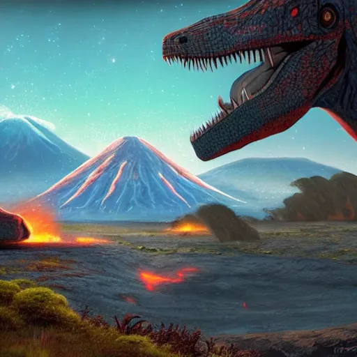 Prompt: A comet about to hit prehistoric earth, a dinosaur is looking at it, a volcano in the background,epic, extra detailed, digital illustration, by Makoto Shinkai and thomas kinkade, digital painting, Matte painting, trending on artstation and unreal engine