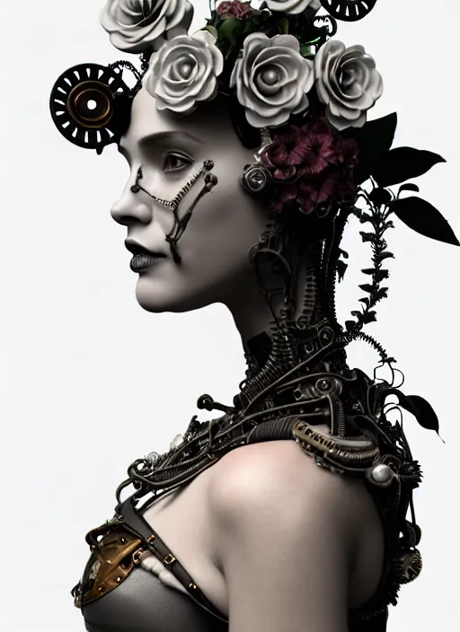 Image similar to monochrome 3 d model, steampunk biomechanical beautiful young female cyborg with porcelain profile face and a big floral eye, volumetric light, leaves foliage and stems, hibiscus flowers, boho floral vines, sinuous fine roots, fine foliage lace, alexander mcqueen, rim light, big gothic fashion pearl embroidered collar, octane render, 8 k