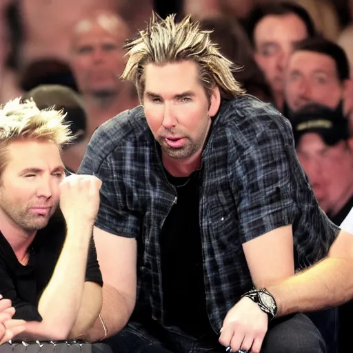 Image similar to chad robert kroeger of nickelback looking at what is on joey's head