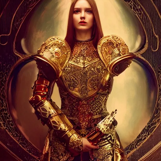 Image similar to portrait of gorgeous russian woman in armor, dramatic lighting, silver gold red details, filigree, intricate details, cinematic, elegant, octane render, art nouveau, 8k post-processing, intricate art by John Collier and Albert Aublet and Krenz Cushart and Artem Demura and Alphonse Mucha,