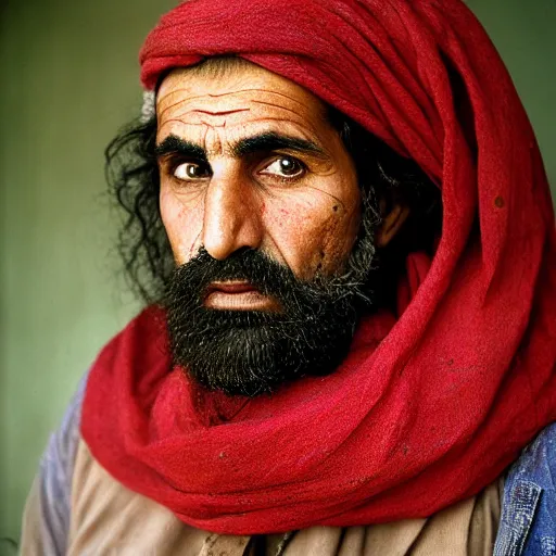 Image similar to portrait of stavros halkias as afghan man, green eyes and red scarf looking intently, photograph by steve mccurry