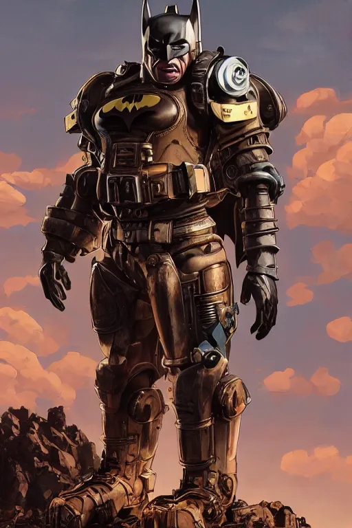 Image similar to batman hardmesh retro futurist steampunk fallout 7 6 power armor, hyper realistic, art cover, official fanart behance hd artstation by jesper ejsing, by rhads, makoto shinkai, radiating a glowing aura global illumination ray tracing hdr