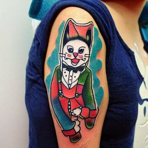 Image similar to adorable cat dressed as a clown tattoo design