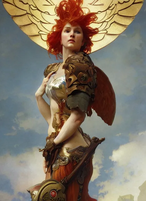 Image similar to face matte portrait of a beautiful red haired valkyrie in a heroic pose and wearing thick bronze plate armo art by albert bierstadt, alphonse mucha, andreas rocha, greg rutkowski, sharp edges. ultra clear detailed. 8 k. elegant. octane render