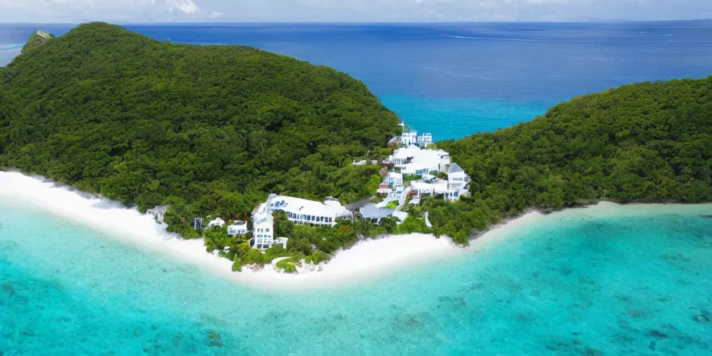 Prompt: photo of an small island with a white beach and a small hotel on it, stunning landscape