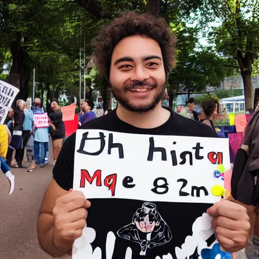 Image similar to photograph of smiling man holding a protest sign saying'2 + 2 = 3 lol 😂 ', high detail, 8 k resolution