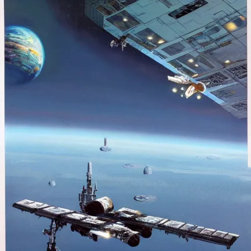 Image similar to distant view of abandoned beautiful space station floating in empty space, john berkey