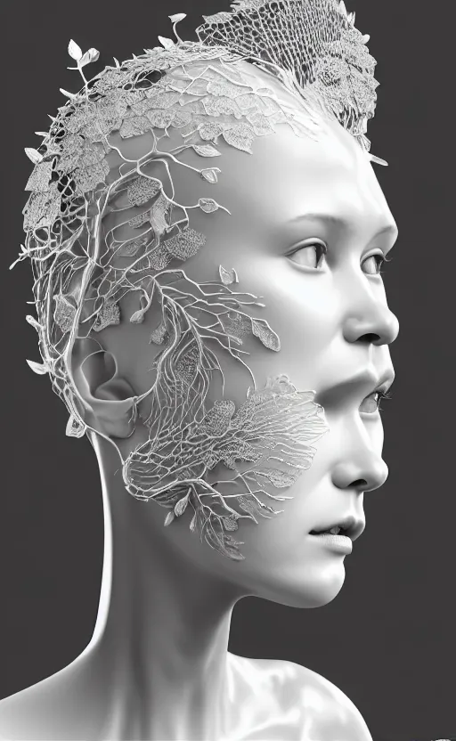 Image similar to complex 3d render of a beautiful porcelain profile woman face, vegetal dragon cyborg, 150 mm, beautiful natural soft light, rim light, silver details, magnolia leaves and stems, roots, fine lace, maze like, mandelbot fractal, anatomical, facial muscles, cable wires, microchip, elegant, highly detailed, white metallic armour, octane render, black and white, H.R. Giger style