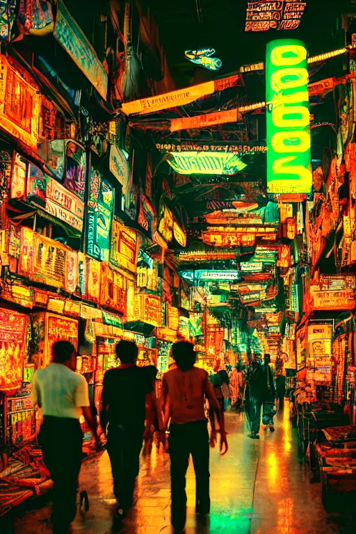 Image similar to cyberpunk black indian market, indoor, full of neon lights, crowded with cyborgs buying hi - tech drugs, photorealistic, 3 5 mm, grainy ruined film, dark color scheme, in the style of blade runner